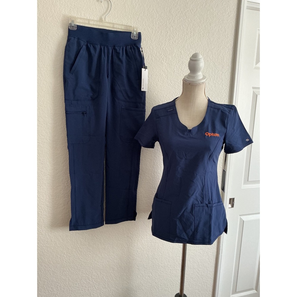 Cherokee Infinity Scrub Set XXS Navy Blue Optum Logo V-Neck Cargo Pants NWT